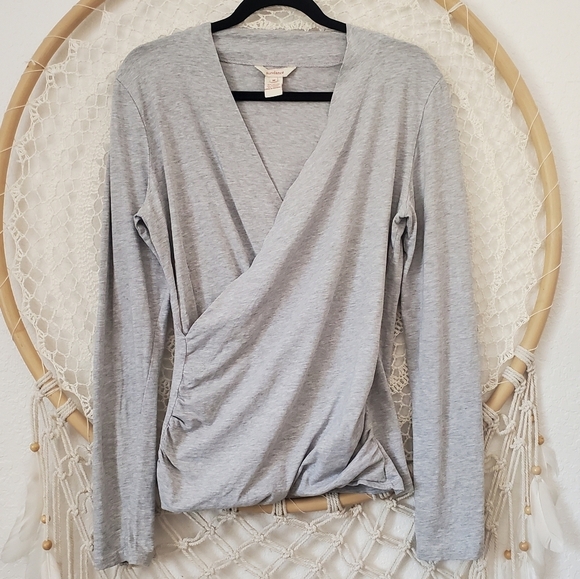 Sundance Vanessa Faux Wrap V-Neck Western Boho Ruched Rodeo Gray Pull-Over Top - Picture 2 of 8